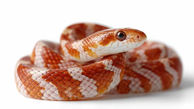 Colorful corn snake curled up and basking under soft light in indoor setting