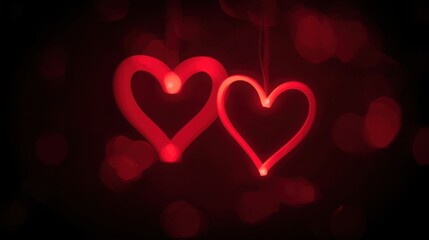 Glowing red heart outlines with light painting effect on a dark background for Valentine's Day