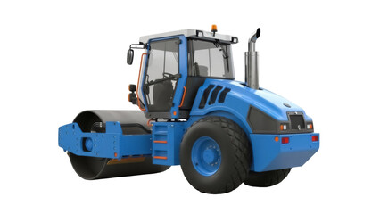 Fototapeta premium Blue road roller isolated PNG on transparent background, heavy construction equipment for roadwork and compaction projects