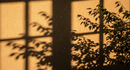 Soft shadows of plant leaves and a window frame cast on a warm beige textured wall during sunset