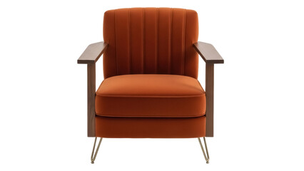 Modern burnt orange velvet armchair isolated PNG, stylish lounge seating with wooden armrests and...