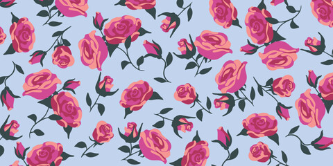 Romantic floral background with pink roses on light blue backdrop
