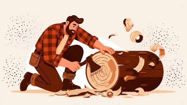 Man Chopping Wood Using Hand Axe, Woodworking And Carpentry, Illustrated Cartoon Style