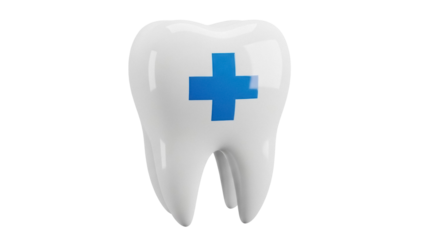 Tooth with blue cross isolated PNG on transparent background, dental care and health concept for medical design and advertising