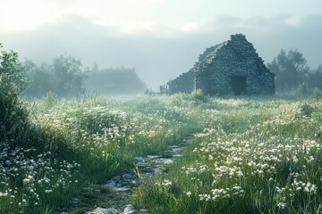 Ruined stone cottage surrounded by wildflowers in a misty morning landscape