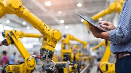 Industrial engineer monitors yellow robotic arms with tablet in modern factory setting, ensuring efficient automated production and precise operational performance.
