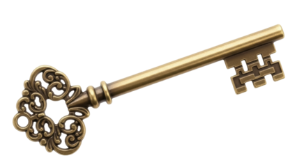 Ornate antique key PNG isolated on transparent background, vintage golden skeleton key for design elements and security concepts