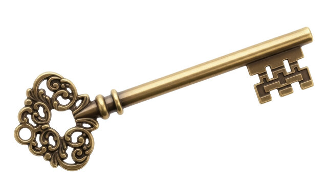 Ornate antique key PNG isolated on transparent background, vintage golden skeleton key for design elements and security concepts