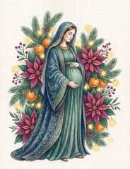 Full body pregnant Virgin Mary in ornate blue and green dress on white paper background, soft colored pencil Mother of God illustration for religious Christmas greeting cards and spiritual posters