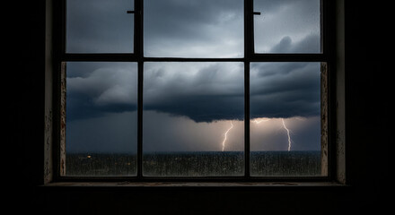 A view through a dark window frame showing a dramatic evening storm with dark clouds and bright lightning strikes over a distant horizon