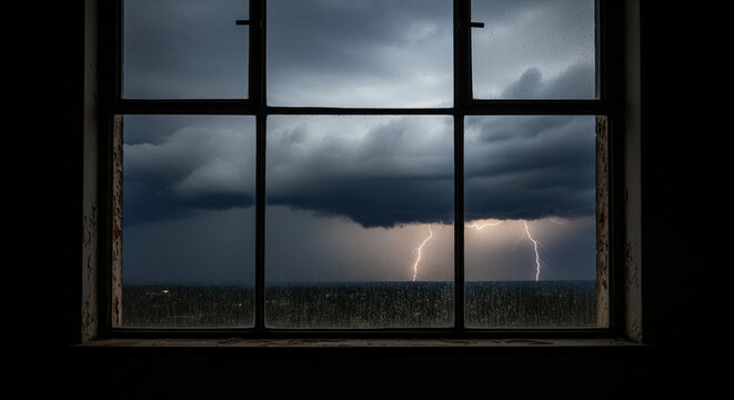 A view through a dark window frame showing a dramatic evening storm with dark clouds and bright lightning strikes over a distant horizon - Powered by Adobe