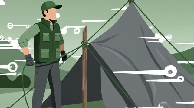 Illustration Of A Man Demonstrating How To Setup A Tent For Camping Outdoor Adventure