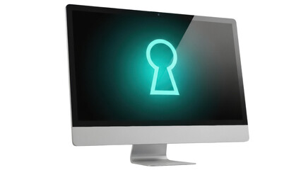 Modern computer monitor with glowing turquoise padlock PNG, isolated on transparent background for cybersecurity and data protection concepts