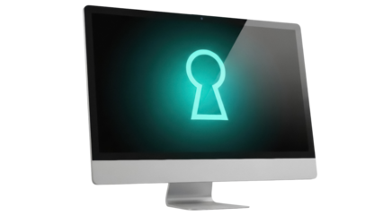 Modern computer monitor with glowing turquoise padlock PNG, isolated on transparent background for cybersecurity and data protection concepts