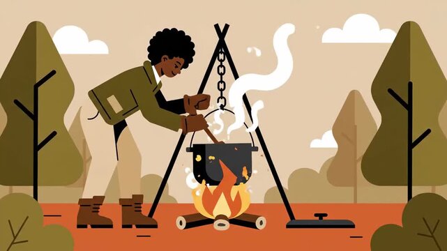 Illustration Of A Person Cooking Over Fire In The Outdoors
