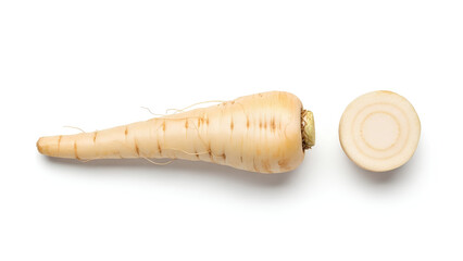 Whole fresh parsnip root with round slice showing core texture on white background. Raw organic white carrot vegetable for healthy soup cooking. Vegetarian diet food ingredient top view composition