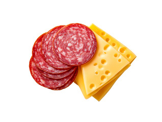 Sliced cheese and salami isolated on White or transparent background Cutout PNG