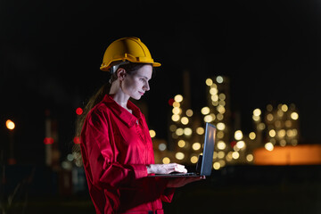 Engineers team night shift working oil and gas refinery service, Workers hard work at night petroleum industry plant background.