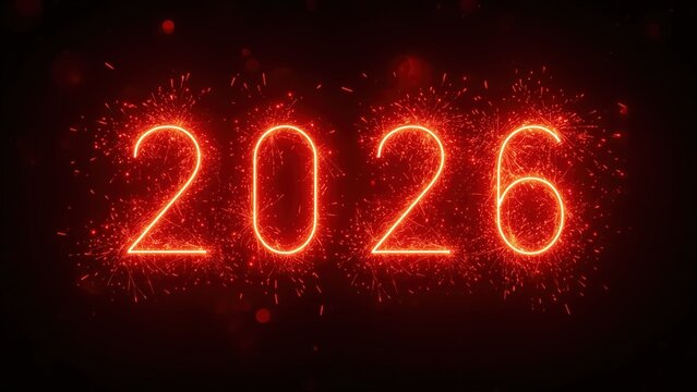 Glowing red neon numbers 2026 on a dark background with sparks and fireworks, symbolizing new year and celebration - Powered by Adobe