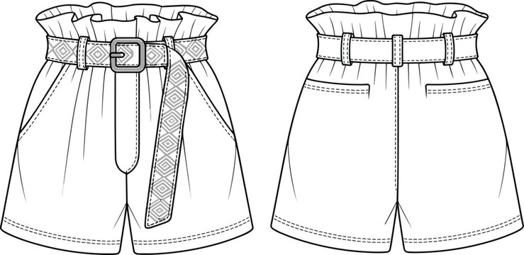 High waist paperbag shorts front and back view vector mockup, isolated women apparel fashion design template illustration clothing branding presentation