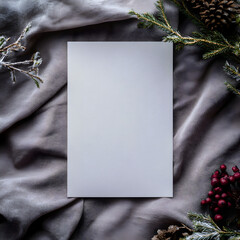 Blank paper sits on soft fabric surrounded by pine cones and berries during the holiday season