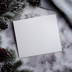 Blank paper rests on a draped fabric. Pine cones  surround the paper, creating a festive setting for holiday notes or cards.