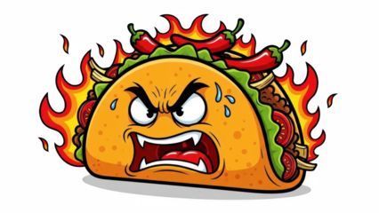 Fiery angry cartoon taco with flames and a fierce expression on transparent background