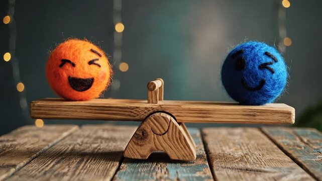 Emoji balls on teeter totter representing balance and emotion
