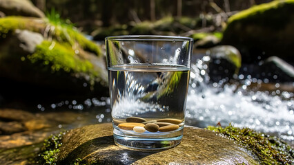 Clear water glass with coins on a mossy river rock