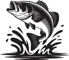 Fototapeta premium Large Bass Fish Leaping Out of Water Silhouette Vector, Black and White Illustration