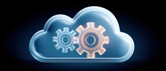 Futuristic cloud computing icon with gear cogs representing automated technical settings