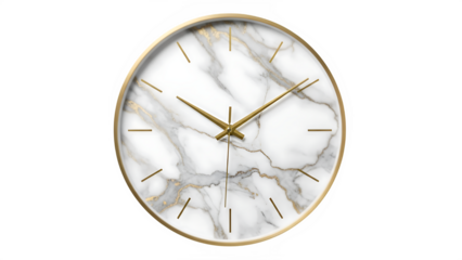 Clock With Marble Design on the Face and Gold Hands on Display, isolated on white or transparent background. PNG