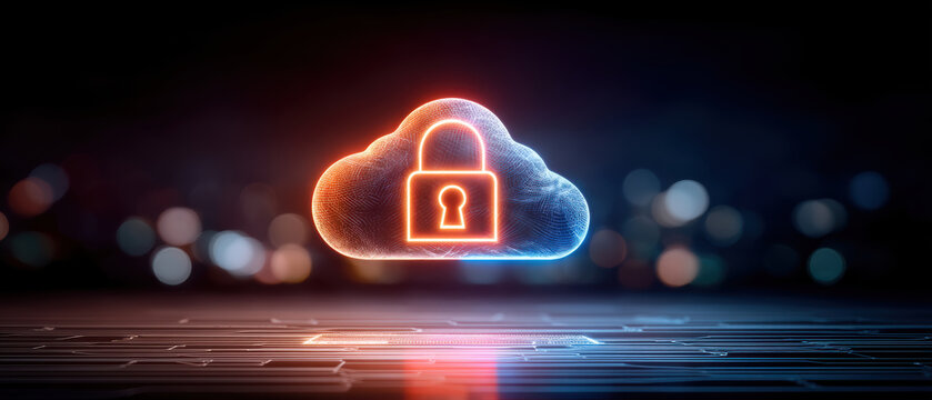 Digital cloud security symbol glowing with neon padlock for safe cyber data protection - Powered by Adobe