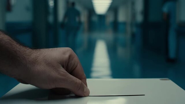 Medium shot of a patient anonymously dropping a feedback card into a secure box at a hospital corridor emphasizing confidentiality.