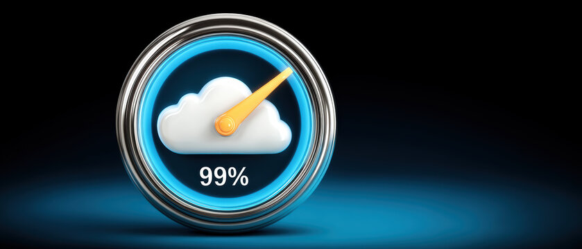 Futuristic cloud gauge showing high performance level and fast reliable data transfer speed - Powered by Adobe