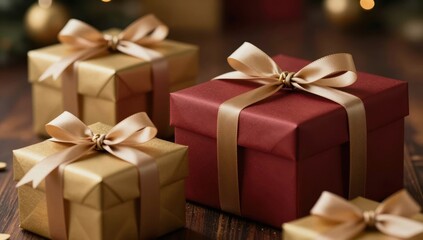 Obraz premium red gift and gold gift with golden ribbon