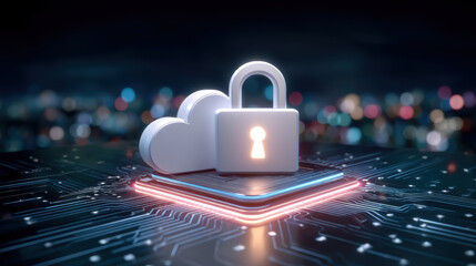 Secure protection for digital cloud data privacy on glowing futuristic circuit board technology