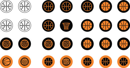Assortment of basketball icons with globes and nets in circular designs sport game