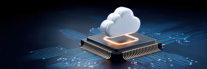 Futuristic cloud technology icon floating over modern cpu chip representing secure data storage