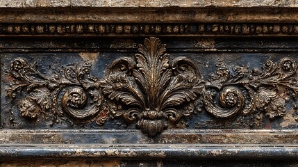 A detailed, ornate fireplace mantel with intricate floral and leaf designs, showcasing a rich, dark color palette and aged patina.