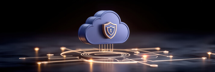 Blue cloud computing icon with security shield representing safe data protection concept