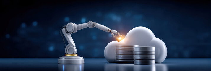 Robot arm touches cloud near money stacks symbolizing efficient futuristic financial technology
