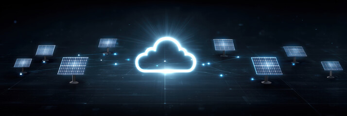 Digital technology cloud icon glowing with renewable solar panel energy power