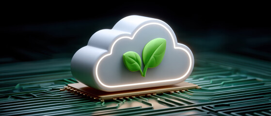 White cloud symbol with green leaf on circuit board representing clean sustainable technology