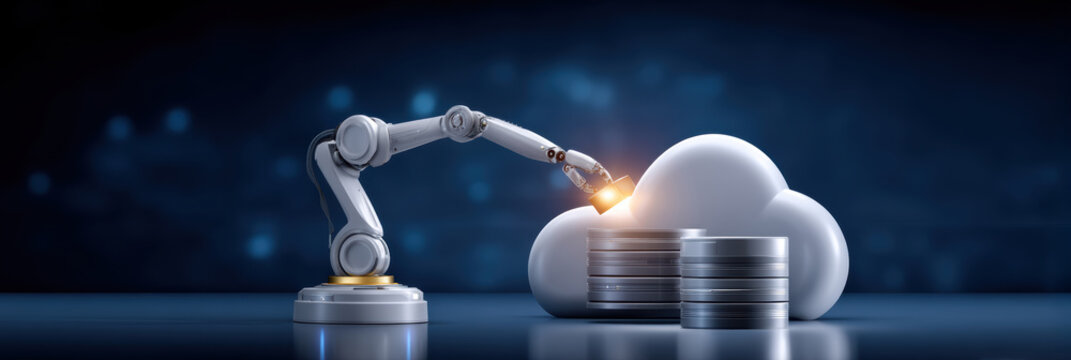 Robot arm touches cloud near money stacks symbolizing efficient futuristic financial technology - Powered by Adobe