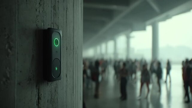 Medium shot of a sleek biometric security entryway with a fingerprint scanner glowing softly highlighting advanced access control technology in a modern building lobby.