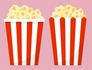 Set of two striped bucket of salty popcorn in cartoon style. Cinema food, snack pack, fast food, movie theater concept. Vector illustration isolated on pink background © Алла Машичева