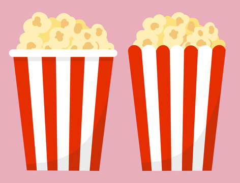Set of two striped bucket of salty popcorn in cartoon style. Cinema food, snack pack, fast food, movie theater concept. Vector illustration isolated on pink background