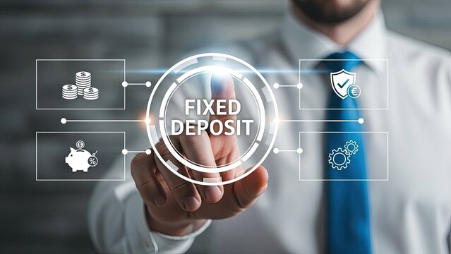Businessman interacting with fixed deposit financial interface - Powered by Adobe