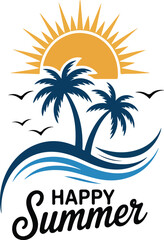 Obraz premium Happy Summer Flat Vector Logo Design Featuring Palm Trees Ocean Waves Sun and Flying Birds Isolated on White